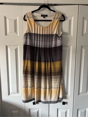 Perceptions Yellow, Gray & Cream Sleeveless Striped A-Line Dress